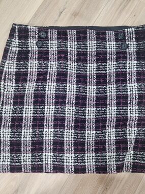 Ann Taylor Loft Plaid Tweed Mini Skirt in Black, White & Pink